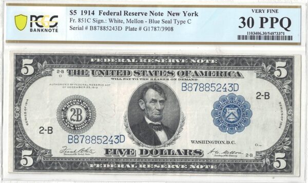 1914 $5 Federal Reserve Note Fr-851c PCGS VF-30 PPQ - Image 2