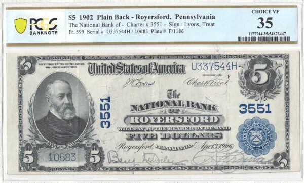 1902 $5 Royersford, Pennsylvania Charter 3551 PCGS VF-35 - Image 2