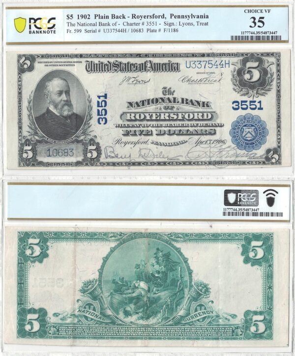 1902 $5 Royersford, Pennsylvania Charter 3551 PCGS VF-35