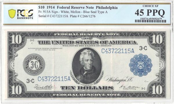 1914 $10 Federal Reserve Note Fr-915a PCGS XF-45 PPQ - Image 2