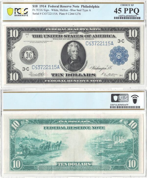 1914 $10 Federal Reserve Note Fr-915a PCGS XF-45 PPQ