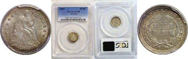 1855 Arrows.  Seated Liberty Half Dime  -  PCGS AU-58