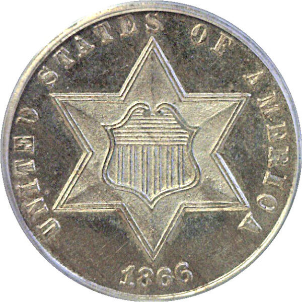 1866 Silver Three Cent  -  PCGS MS-64  CAC - Image 2
