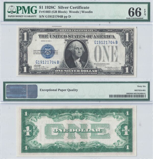 1928-C $1 Silver Certificate Fr-1603 PMG Gem CU-66 EPQ