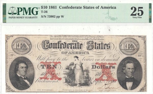 1861 $10 Confederate Note T-26 PMG VF-25 - Image 2