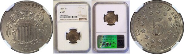 1869 Shield Nickel. -  NGC MS-63