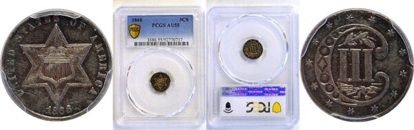 1866 Silver Three Cent. -  PCGS AU-55