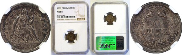 1853 Arrows.  Seated Liberty Half Dime  -  NGC AU-58