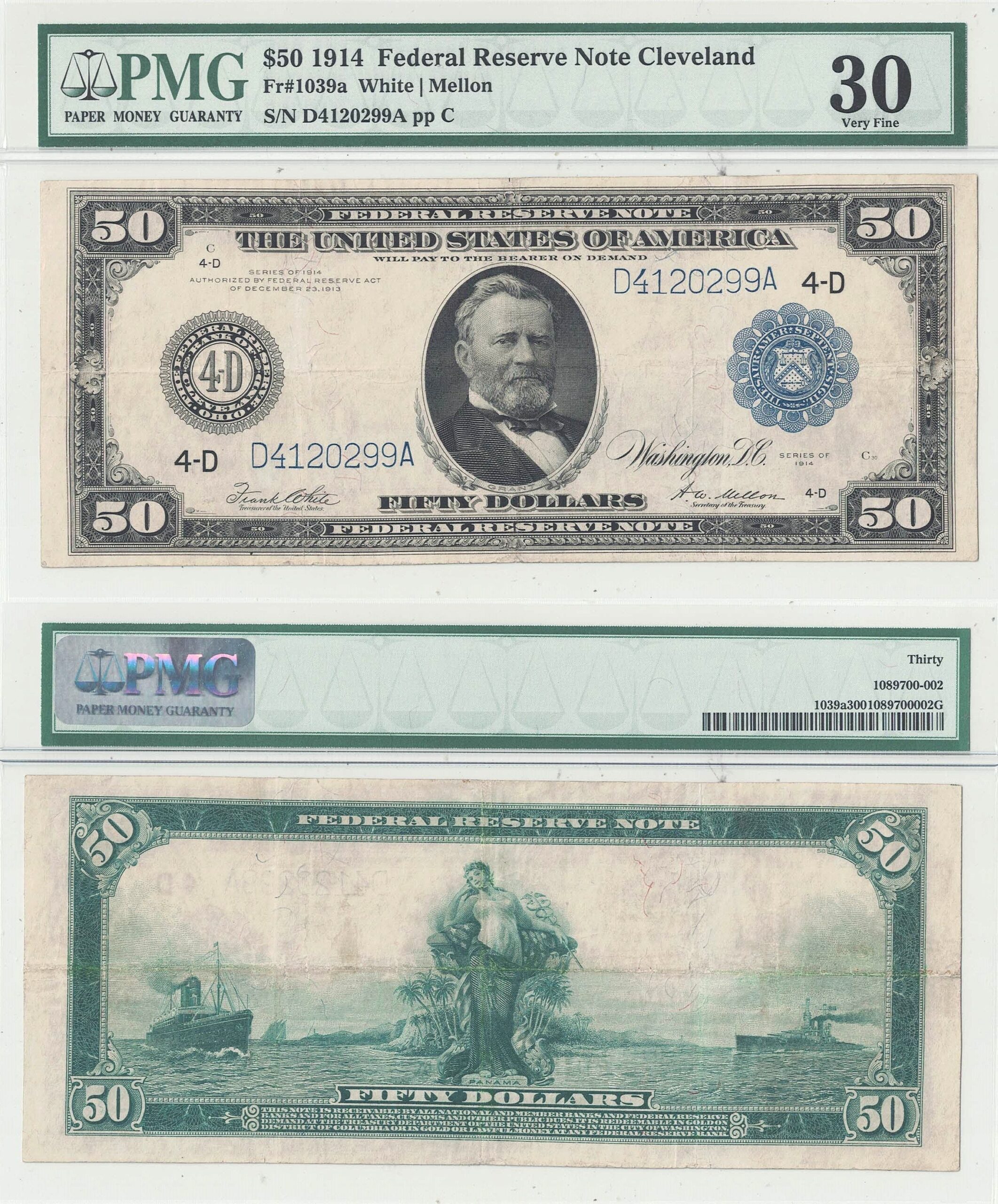 1914 $50 Federal Reserve Note Fr-1039a PMG VF-30