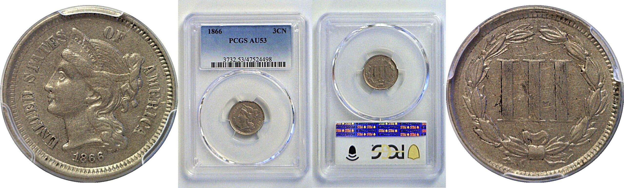 1866 Nickel Three Cent PCGS AU-53