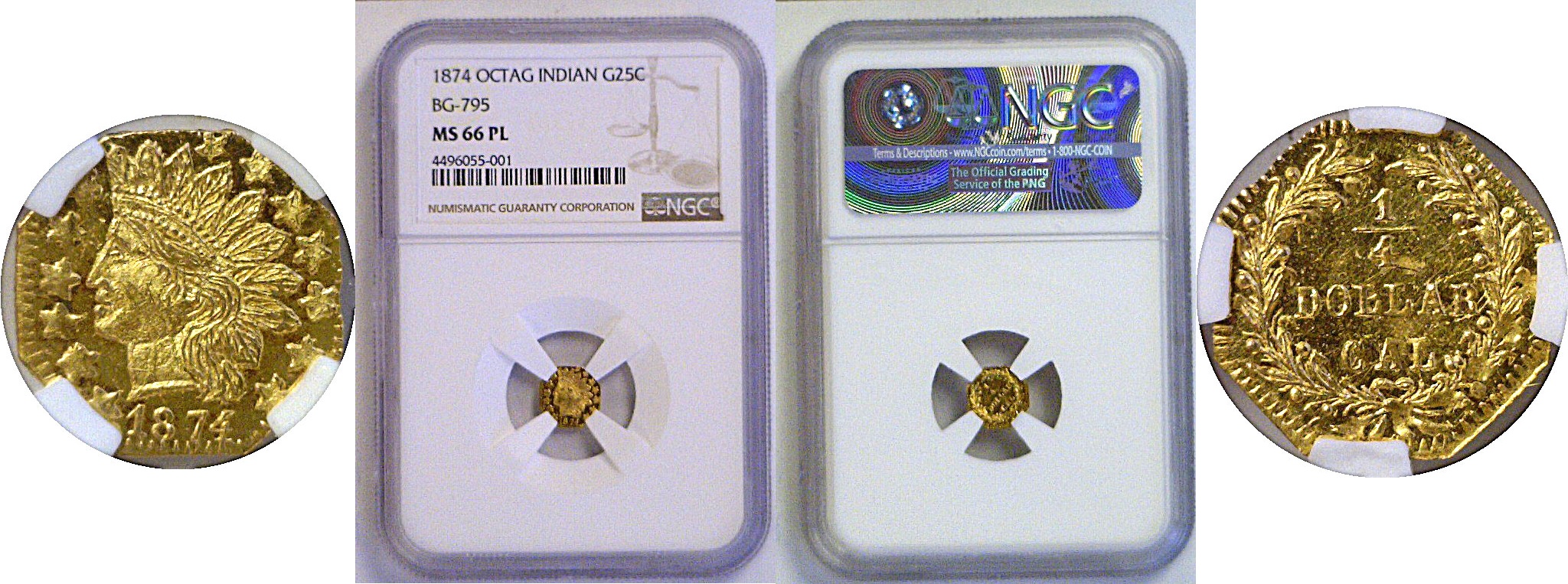 1874 25c California Fractional Gold. BG-795.  -  NGC MS-66 PL