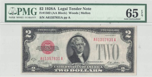 1928-A $2 Legal Tender Note Fr-1502 PMG Gem CU-65 EPQ - Image 2