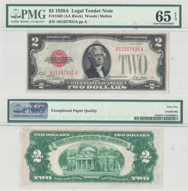 1928-A $2 Legal Tender Note Fr-1502 PMG Gem CU-65 EPQ