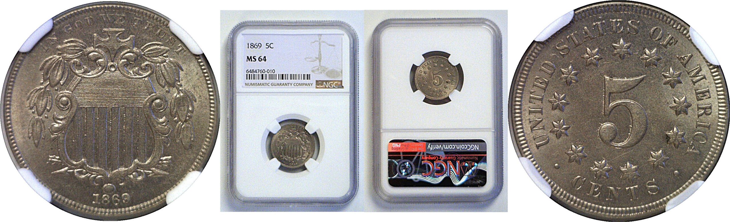 1869 Shield Nickel  -  NGC MS-64