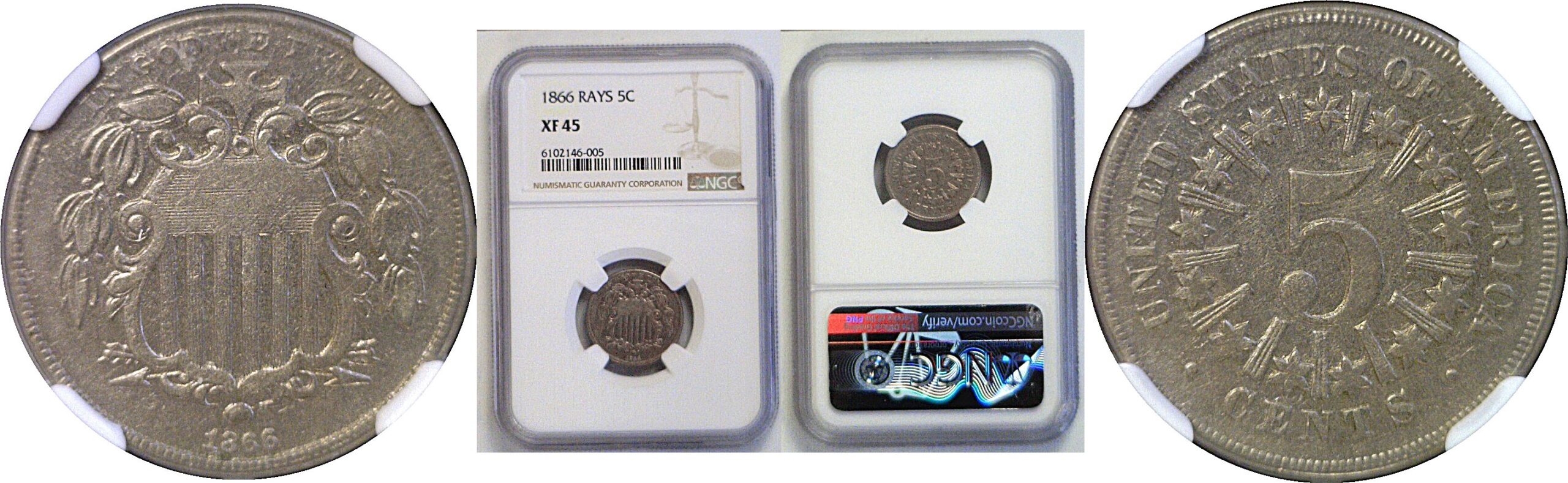 1866 Shield Nickel  -  NGC XF-45