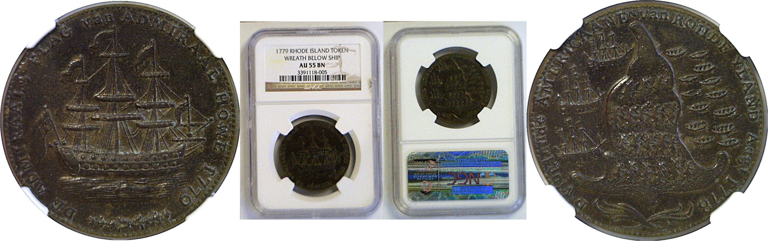1779 Rhode Island Ship Token  -  NGC AU-55