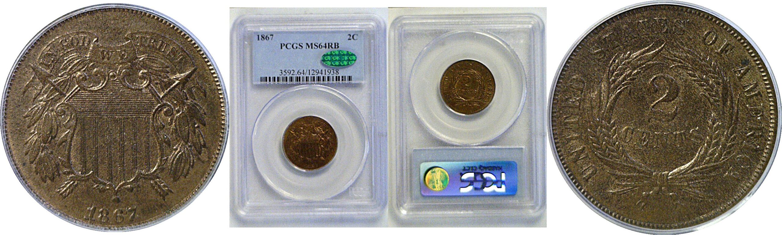 1867 Two Cent Piece  -  PCGS MS-64 RB  CAC