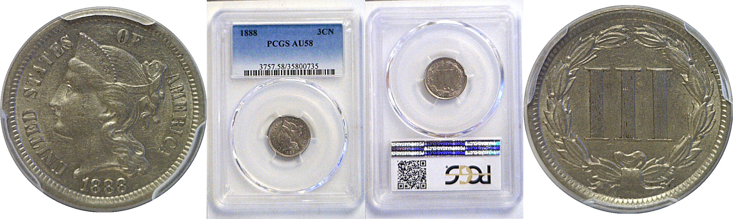 1888 Nickel Three Cent  -  PCGS AU-58
