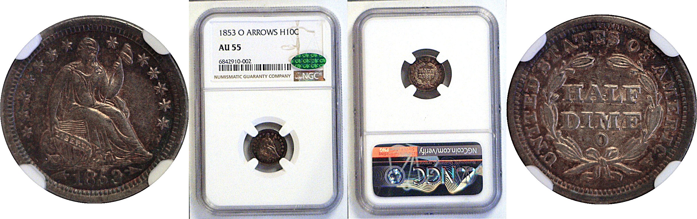 1853-O Arrows.  Seated Liberty Half Dime. -  NGC AU-55.  CAC