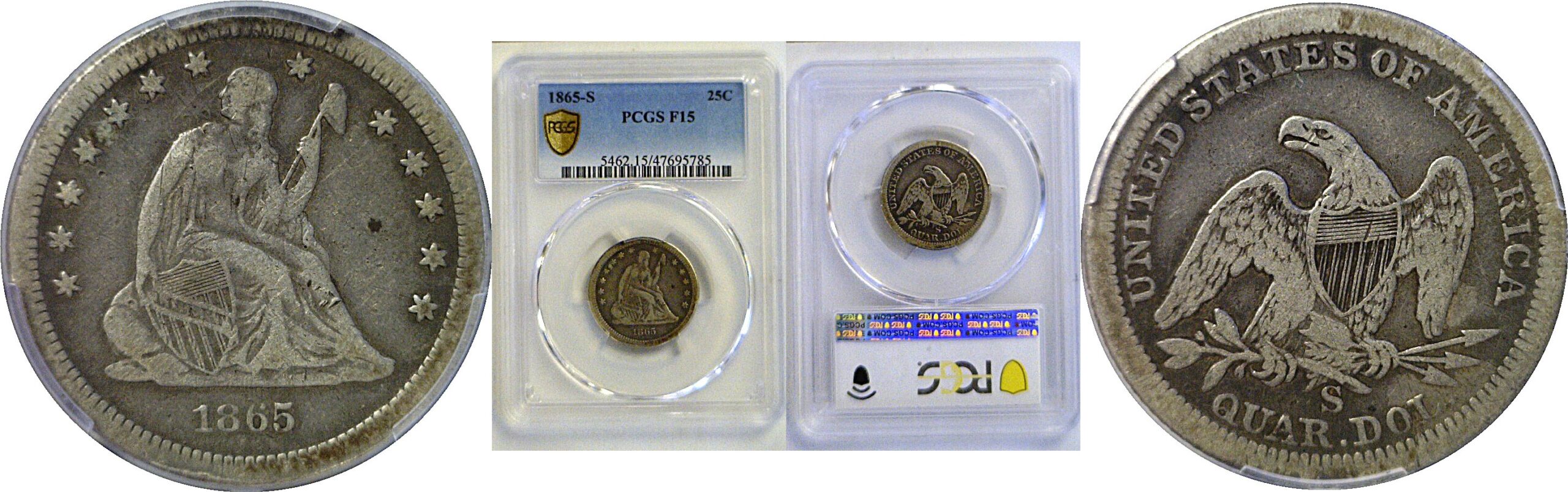 1865-S Seated Liberty Quarter. -  PCGS F-15