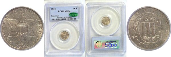 1854 Silver Three Cent. -  PCGS MS-64.  CAC
