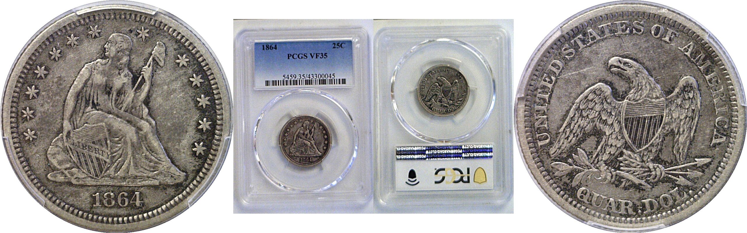 1864 Seated Liberty Quarter  -  PCGS VF-35