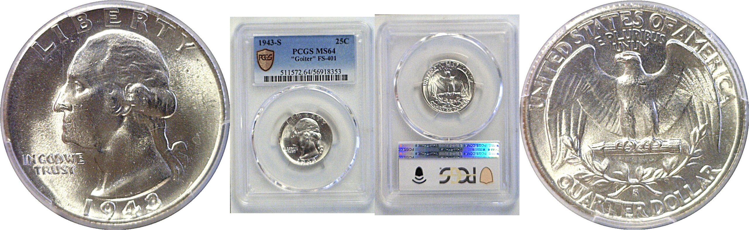 1943-S "Goiter".  Washington Quarter  -  PCGS MS-64