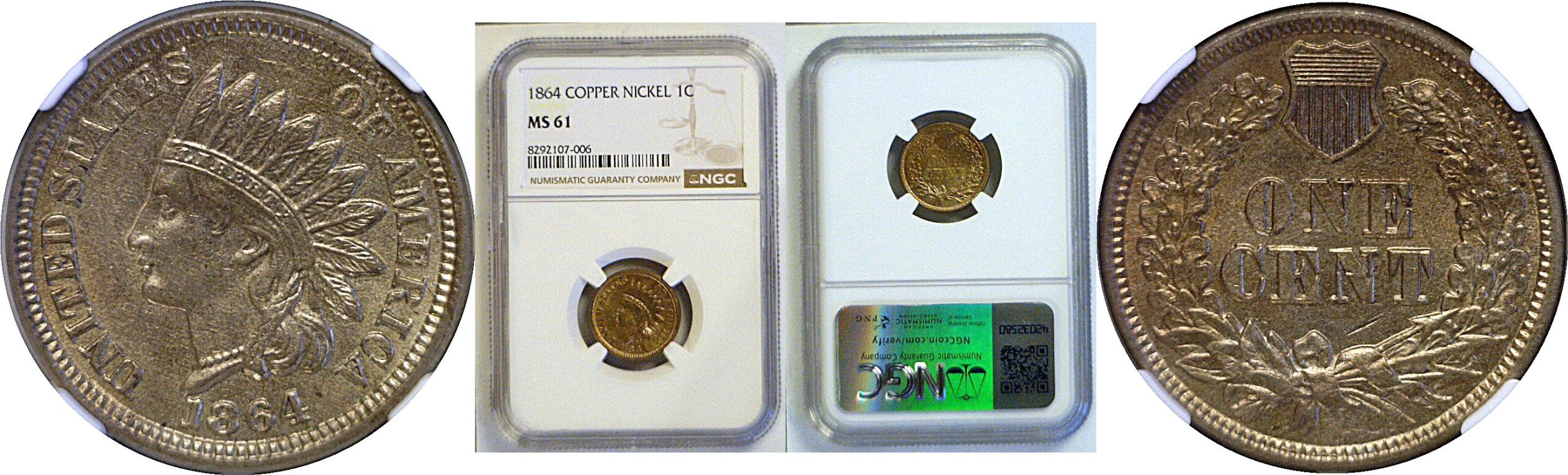 1864 Copper-Nickel.  Indian Head Cent  -  NGC MS-61