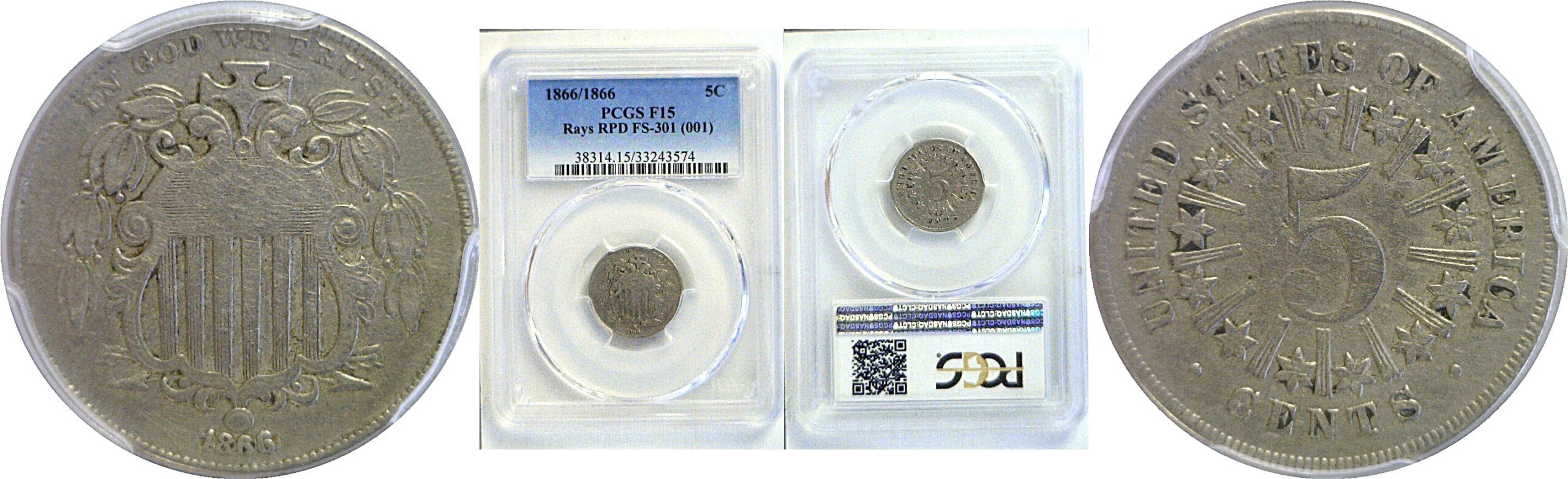 1866/1866 Shield Nickel. -  PCGS F-15