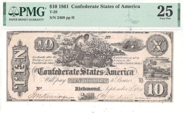 1861 $10 Confederate Note T-29 PMG VF-25 - Image 2