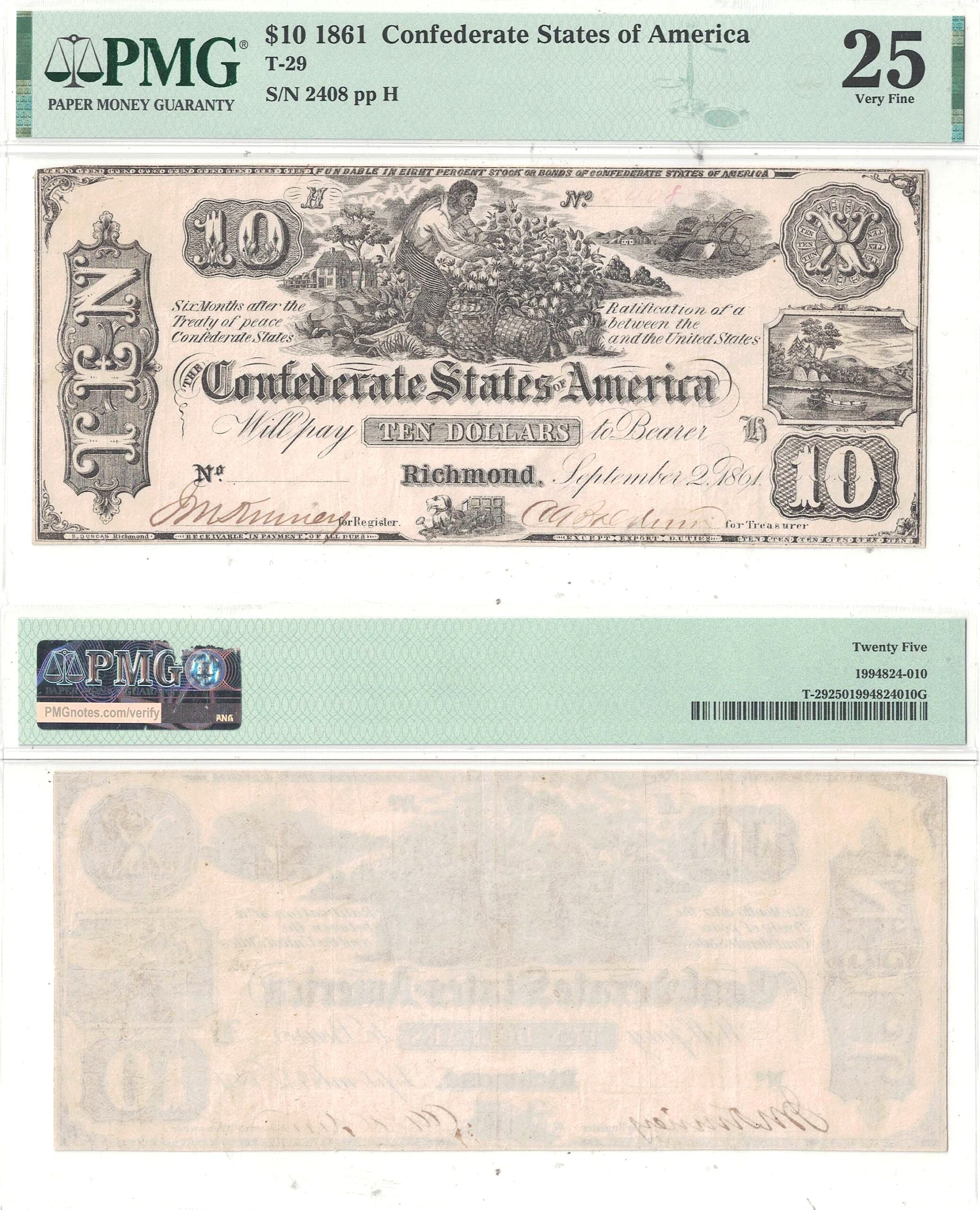 1861 $10 Confederate Note T-29 PMG VF-25