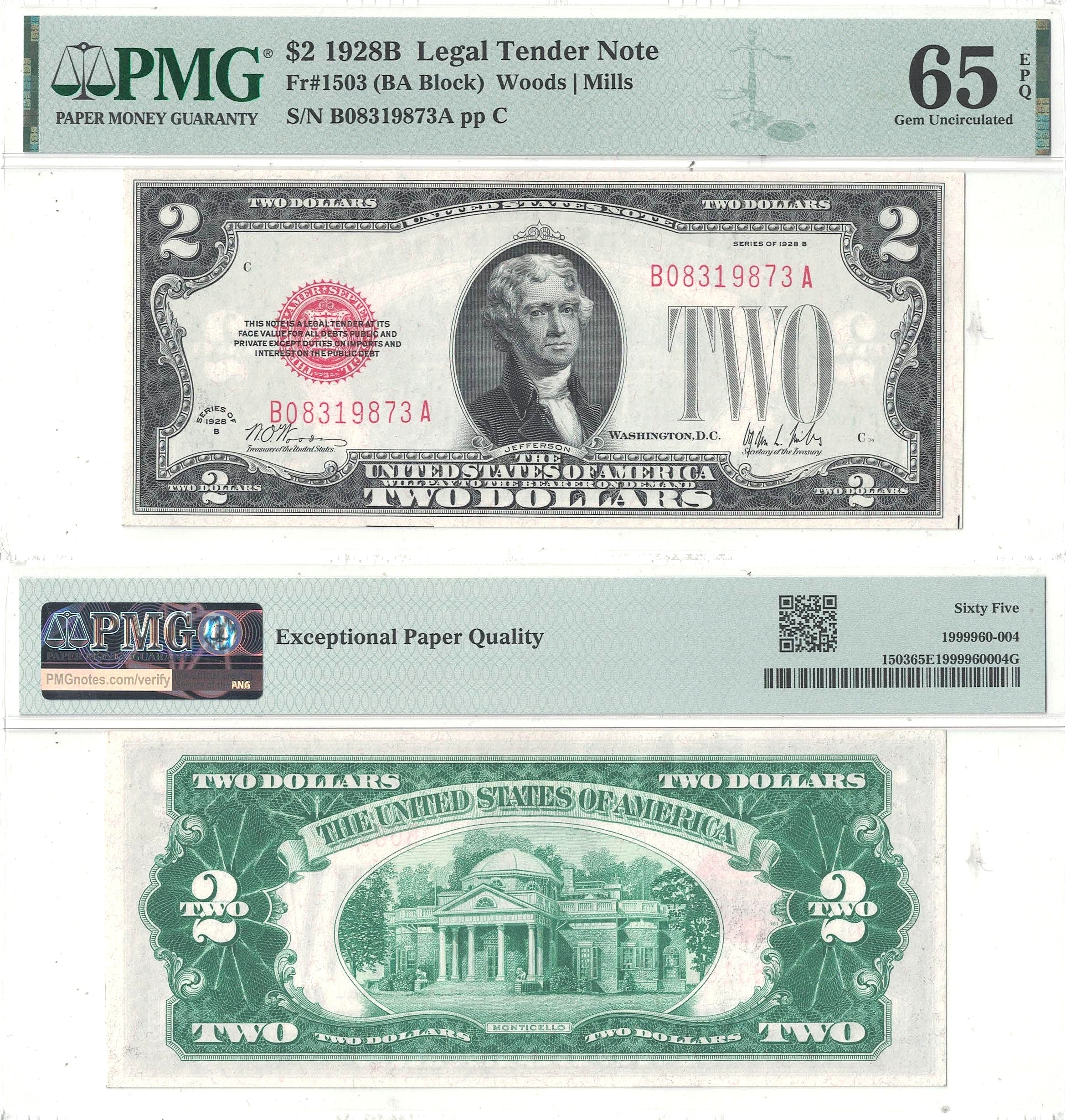 1928-B $2 Legal Tender Note Fr-1503 PMG Gem CU-65 EPQ