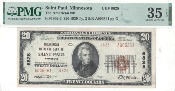 1929 $20 Saint Paul, Minnesota Charter 6828 PMG VF-35 EPQ - Image 2