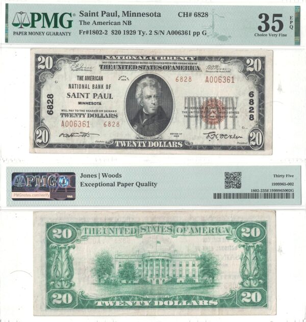 1929 $20 Saint Paul, Minnesota Charter 6828 PMG VF-35 EPQ