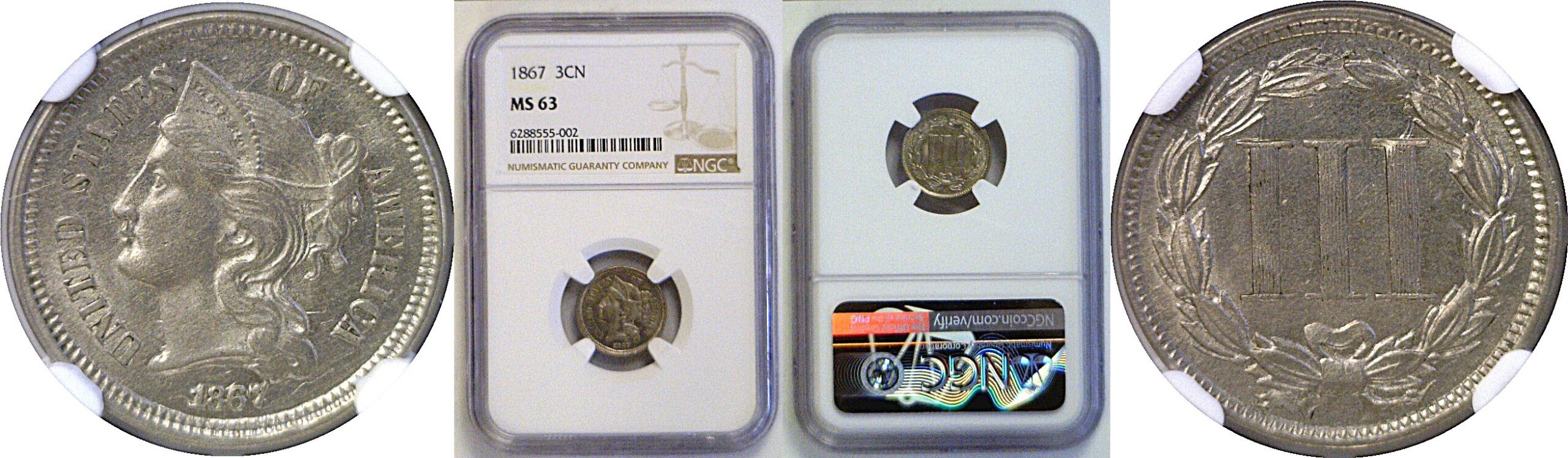 1867 Nickel Three Cent  -  NGC MS-63
