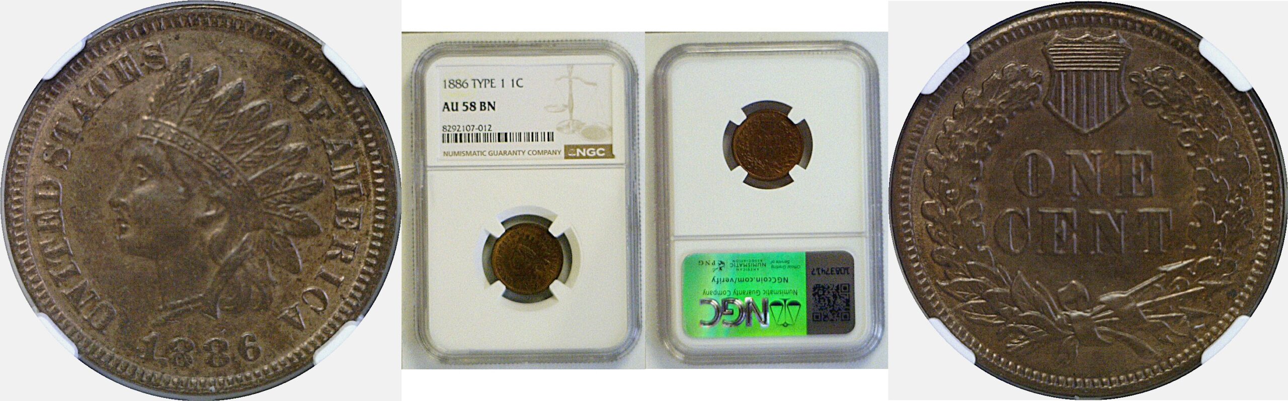 1886 T-1.  Indian Head Cent  -  NGC AU-58