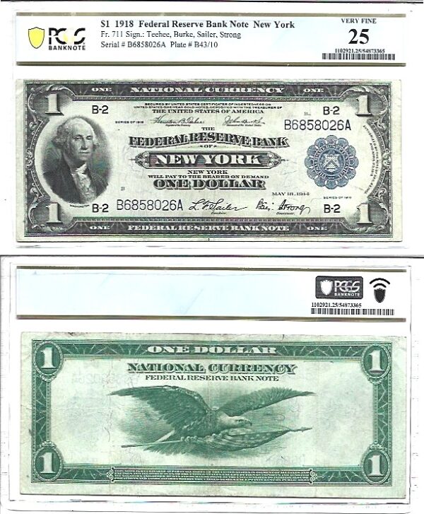 1918 $1 Federal Reserve Bank Note Fr-711 PCGS VF-25
