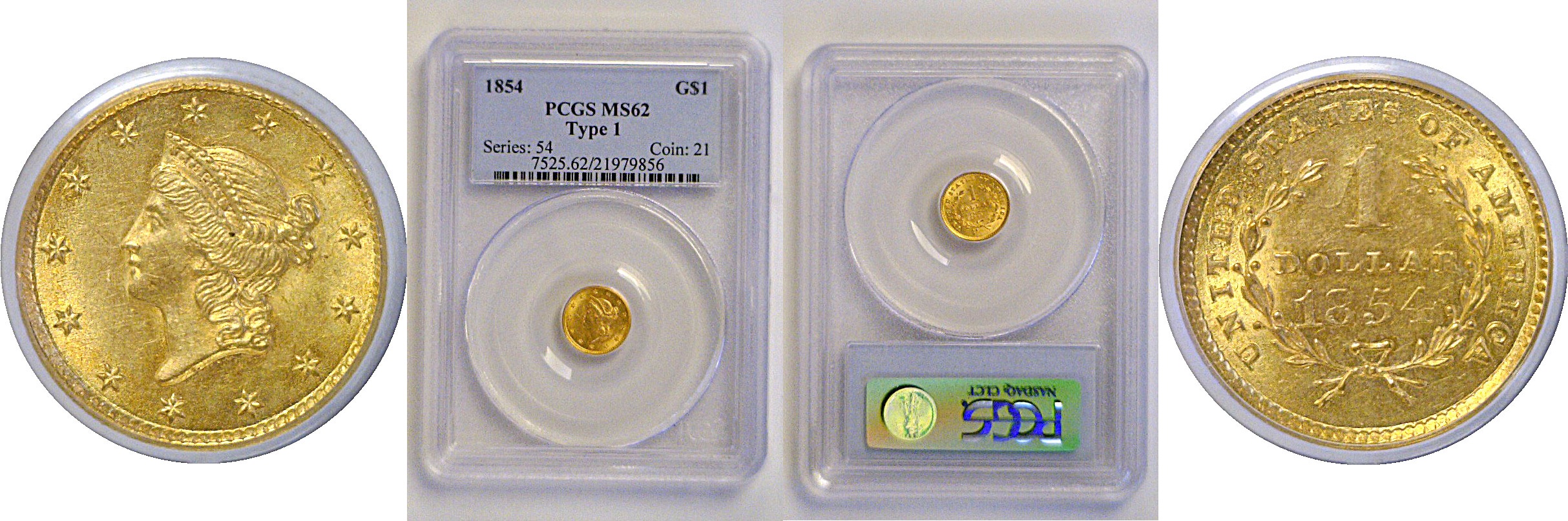 1854 Type-1  One Dollar Gold Coin   PCGS MS-62