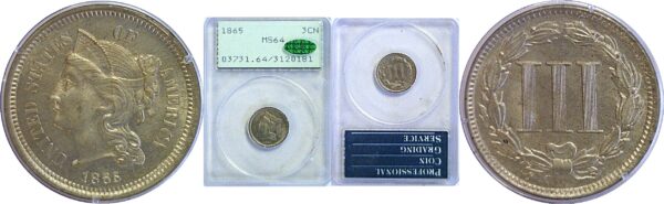 1865 Nickel Three Cent. -  PCGS MS-64.  CAC