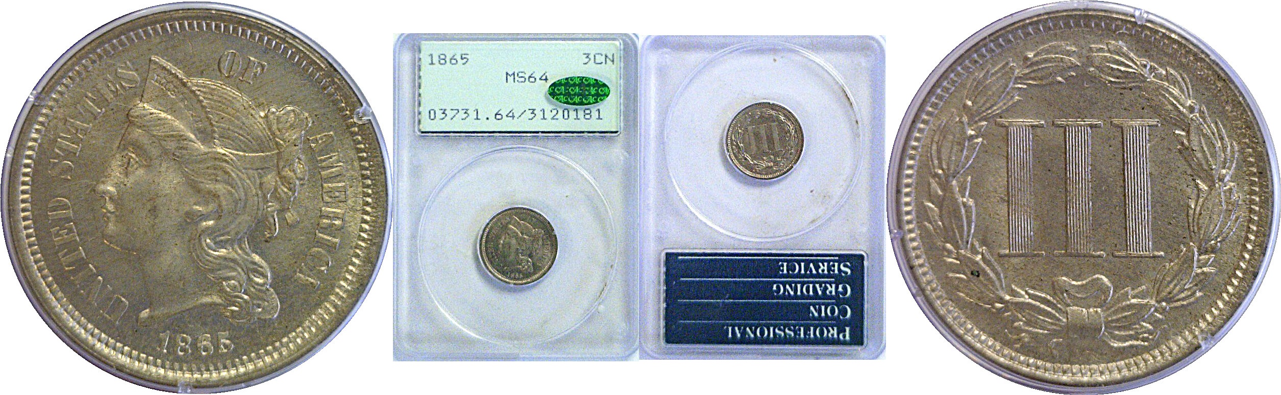 1865 Nickel Three Cent. -  PCGS MS-64.  CAC