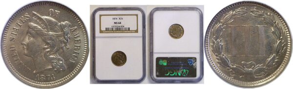 1874 Nickel Three Cent  -  NGC MS-64