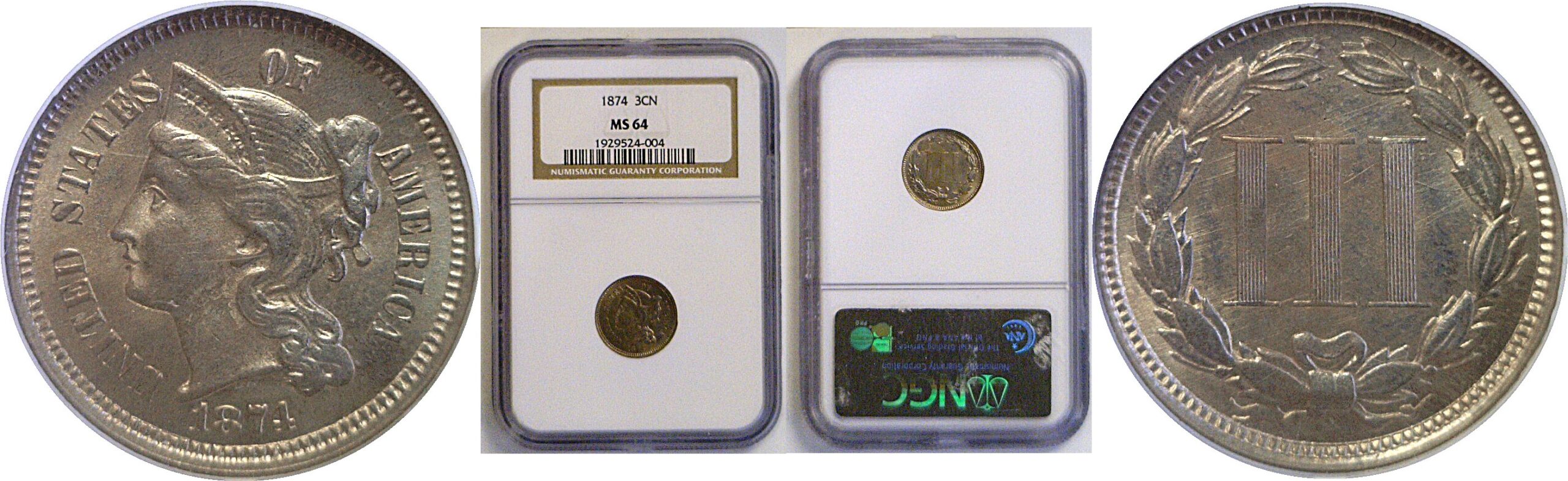 1874 Nickel Three Cent  -  NGC MS-64