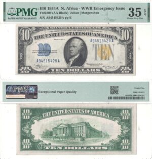 1934-A $10 North Africa Fr-2309 PMG VF-35 EPQ