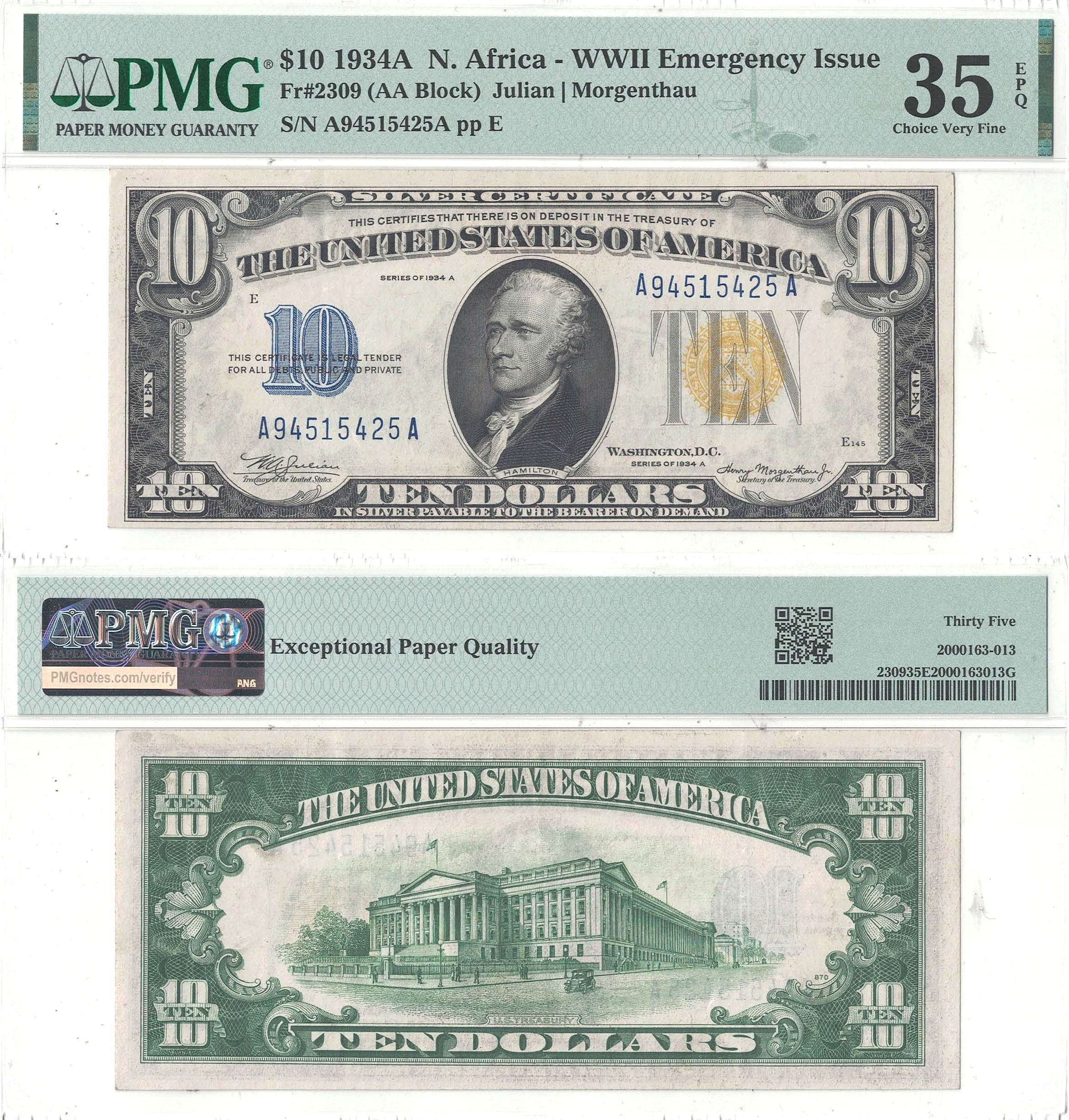 1934-A $10 North Africa Fr-2309 PMG VF-35 EPQ