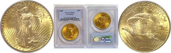 1908 No Motto.  $20 St. Gaudens  -  PCGS MS-66