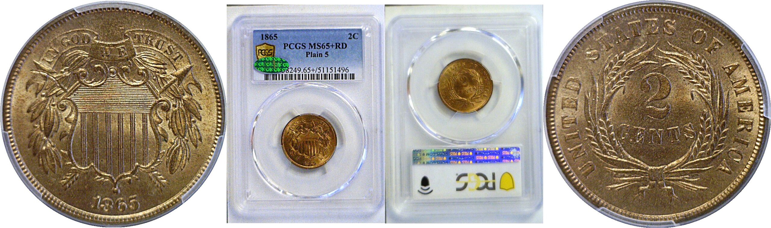 1865 Two Cent Piece. -  PCGS MS-65+ RD.  CAC