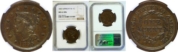 1855 Large Cent  -  NGC MS-61 BN
