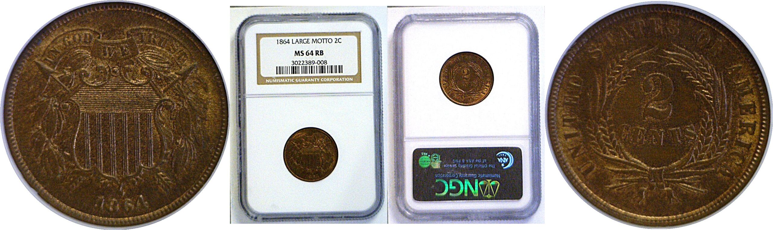 1864 Large Motto.  Two Cent  -  NGC MS-64 RB