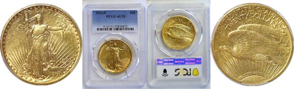 1913-S $20 St. Gaudens. -  PCGS AU-53