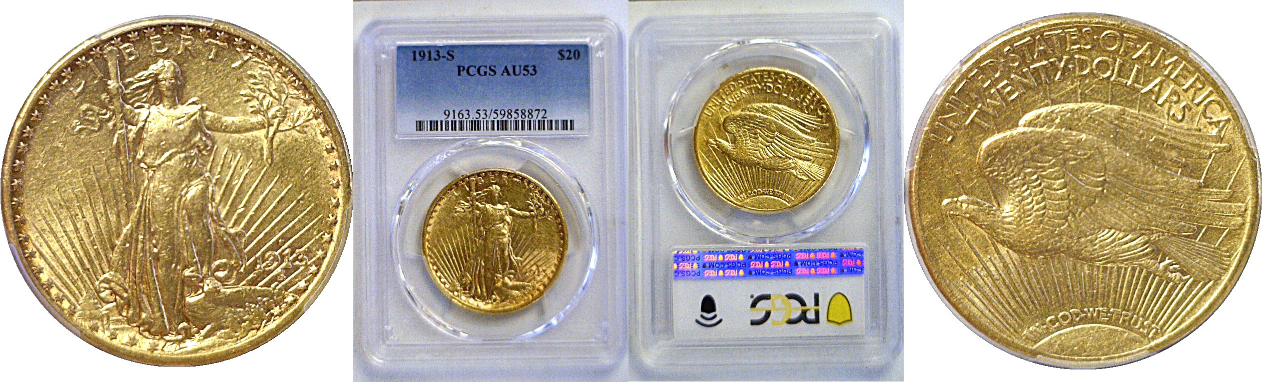 1913-S $20 St. Gaudens. -  PCGS AU-53